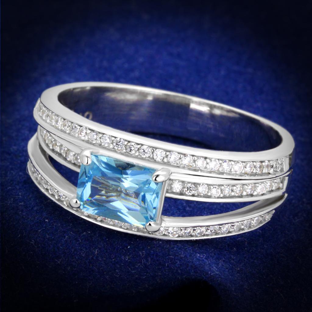 JCE344 Rhodium 925 Sterling Silver Ring with Synthetic Synthetic Glass in Sea Blue