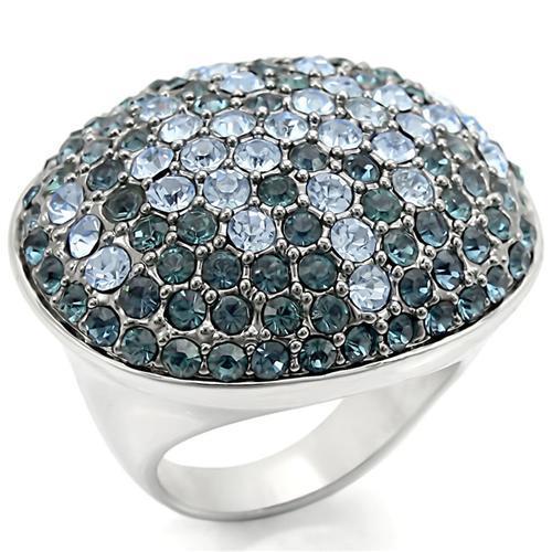 JCE347 Rhodium + Ruthenium Brass Ring with Top Grade Crystal  in Light Sapphire