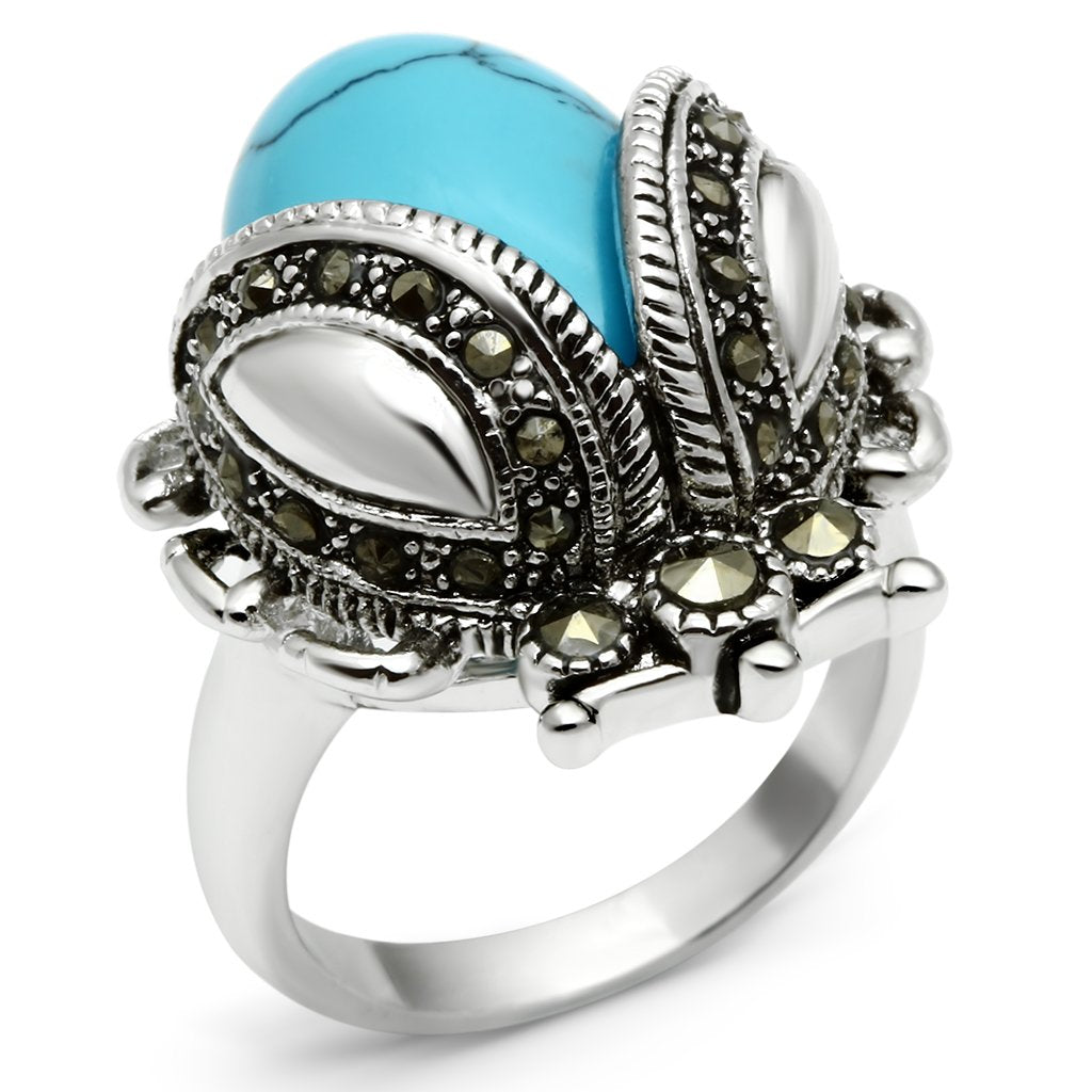 JCE181 Rhodium Brass Ring with Synthetic Turquoise in Sea Blue